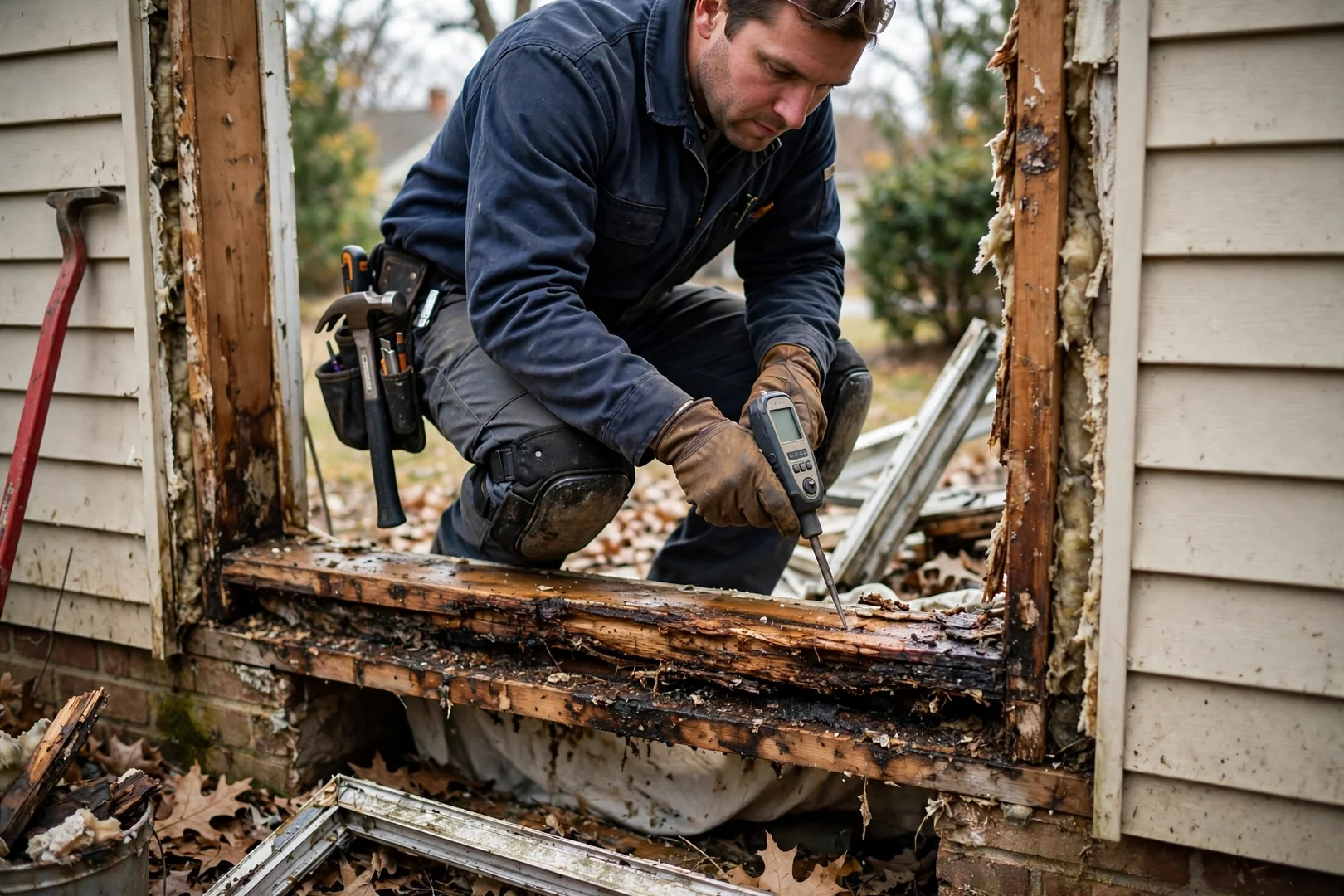 Water-stained sill and soft framing exposed after removal of an old fixed window