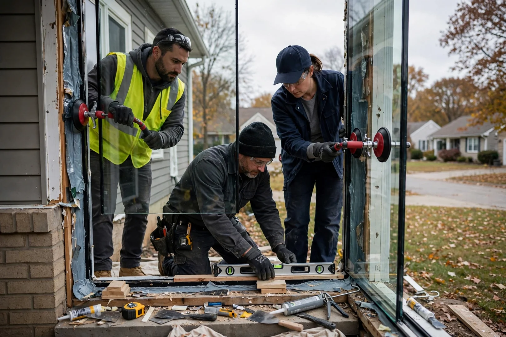 Installers setting a large insulated glass unit with suction lifts into a level opening