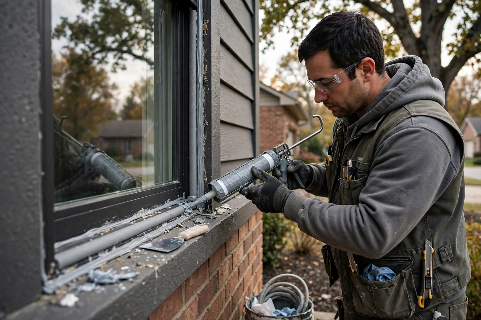 Perimeter sealant and backer rod applied along exterior trim of a fixed window