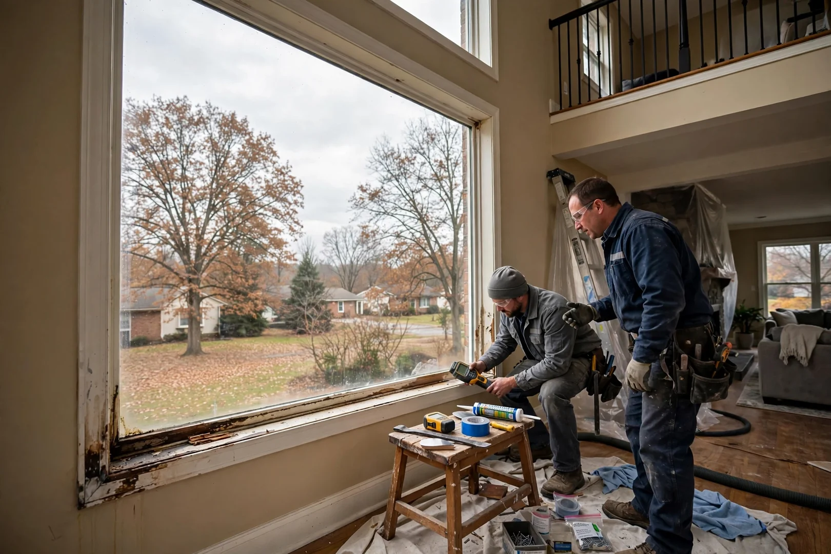 Two-story great room picture window finished with painted interior casing and stool