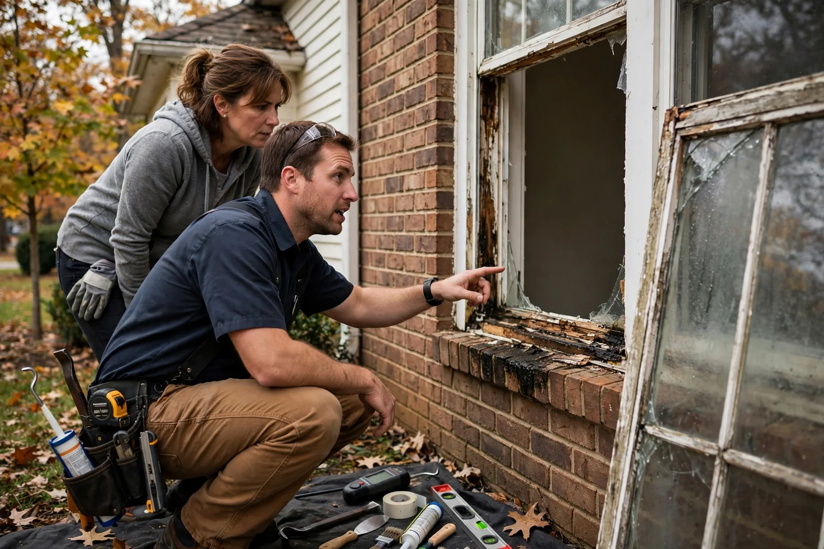 Homeowner reviewing an itemized sliding glass door replacement estimate at a kitchen table