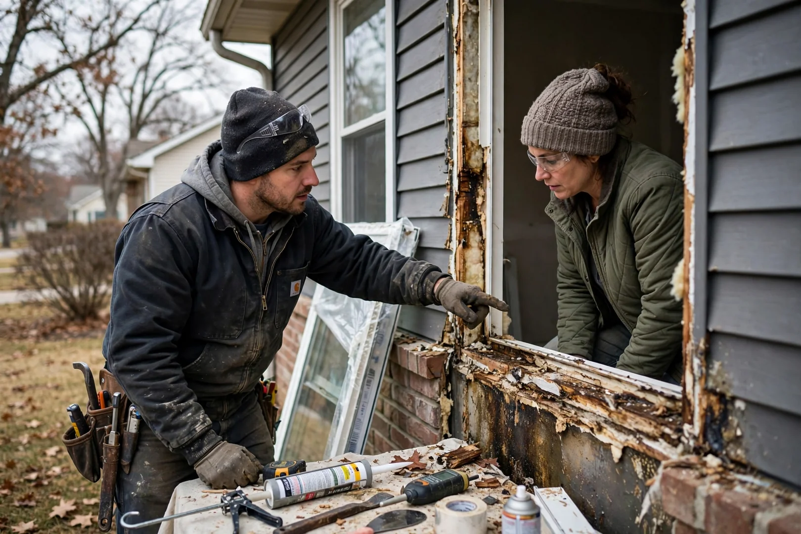 Installer setting a new sliding glass door panel into a leveled sill track on a home