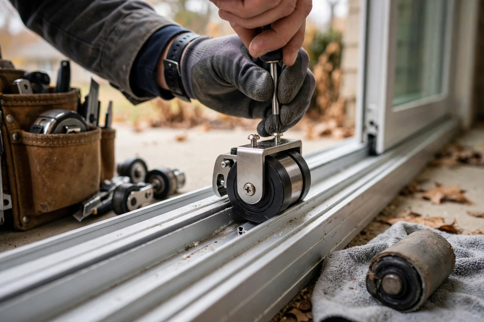 Close-up of new sliding glass door roller assembly seated in a clean aluminum track