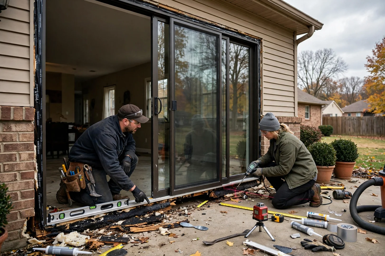 Wide view of a three-panel sliding glass door installed across a rear patio wall
