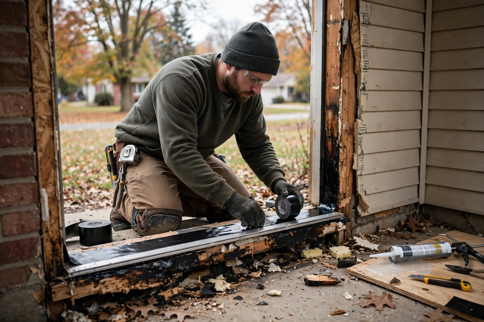 Technician applying flashing tape and a sloped sill pan before door installation