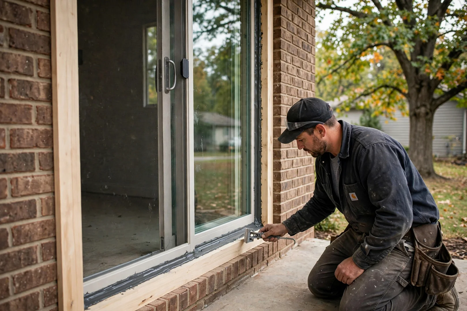 Finished low-E sliding glass door with tooled exterior sealant and new brickmould