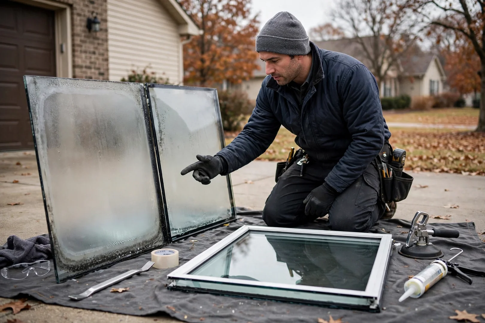 Fogged insulated glass panel compared beside a clear replacement unit in O'Fallon