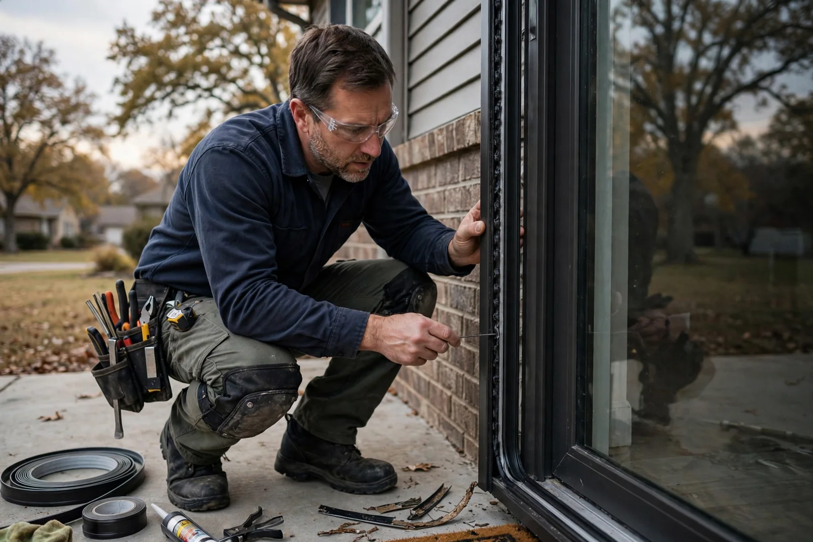 Installer checking weatherstripping compression along the interlock of a new patio door