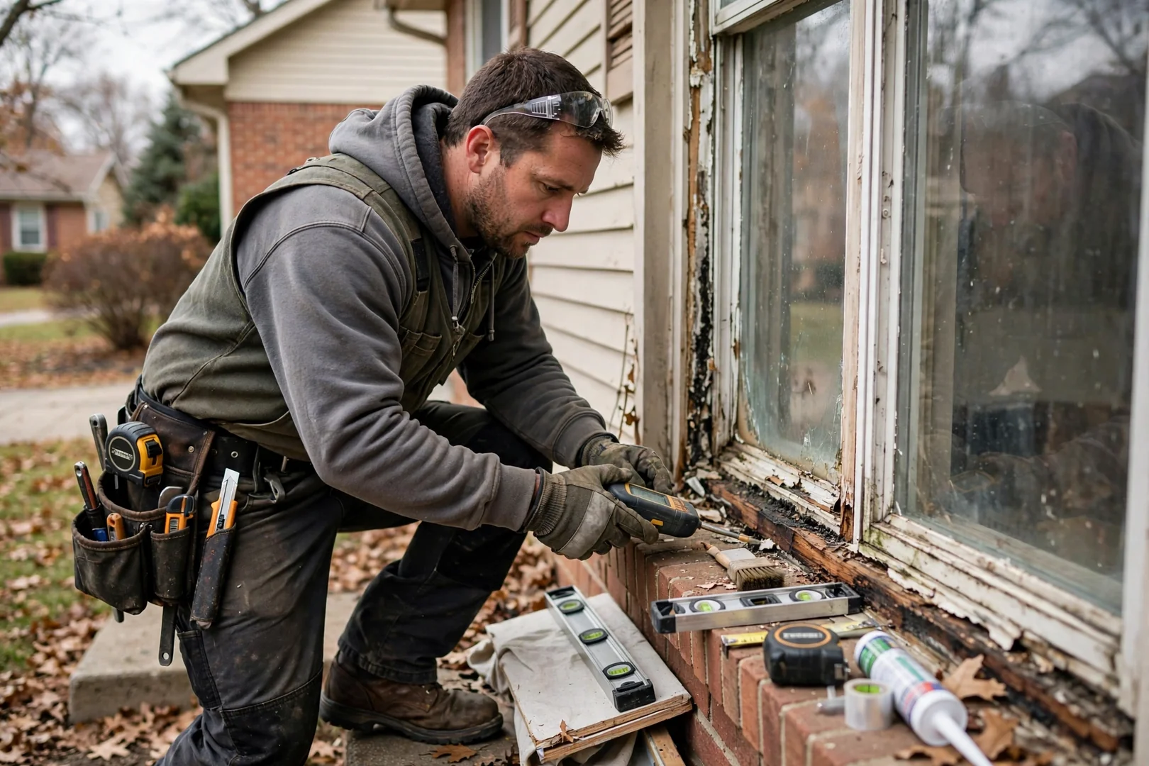 Homeowner reviewing a written window glass replacement estimate at a kitchen table