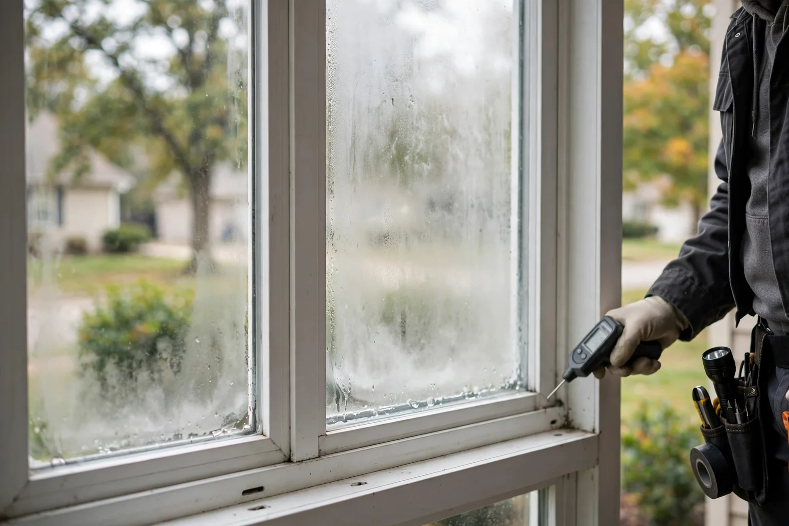Close-up of a fogged insulated glass unit showing failed seal condensation between panes