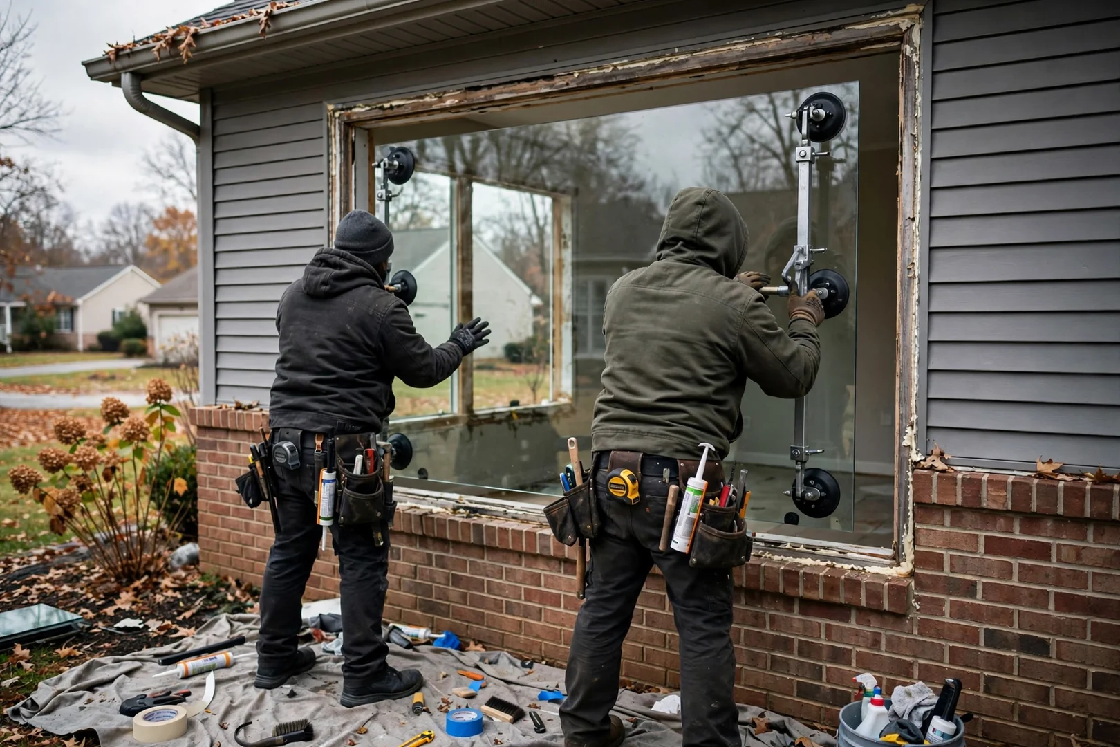 Large picture window glass being set into place with suction lifting tools