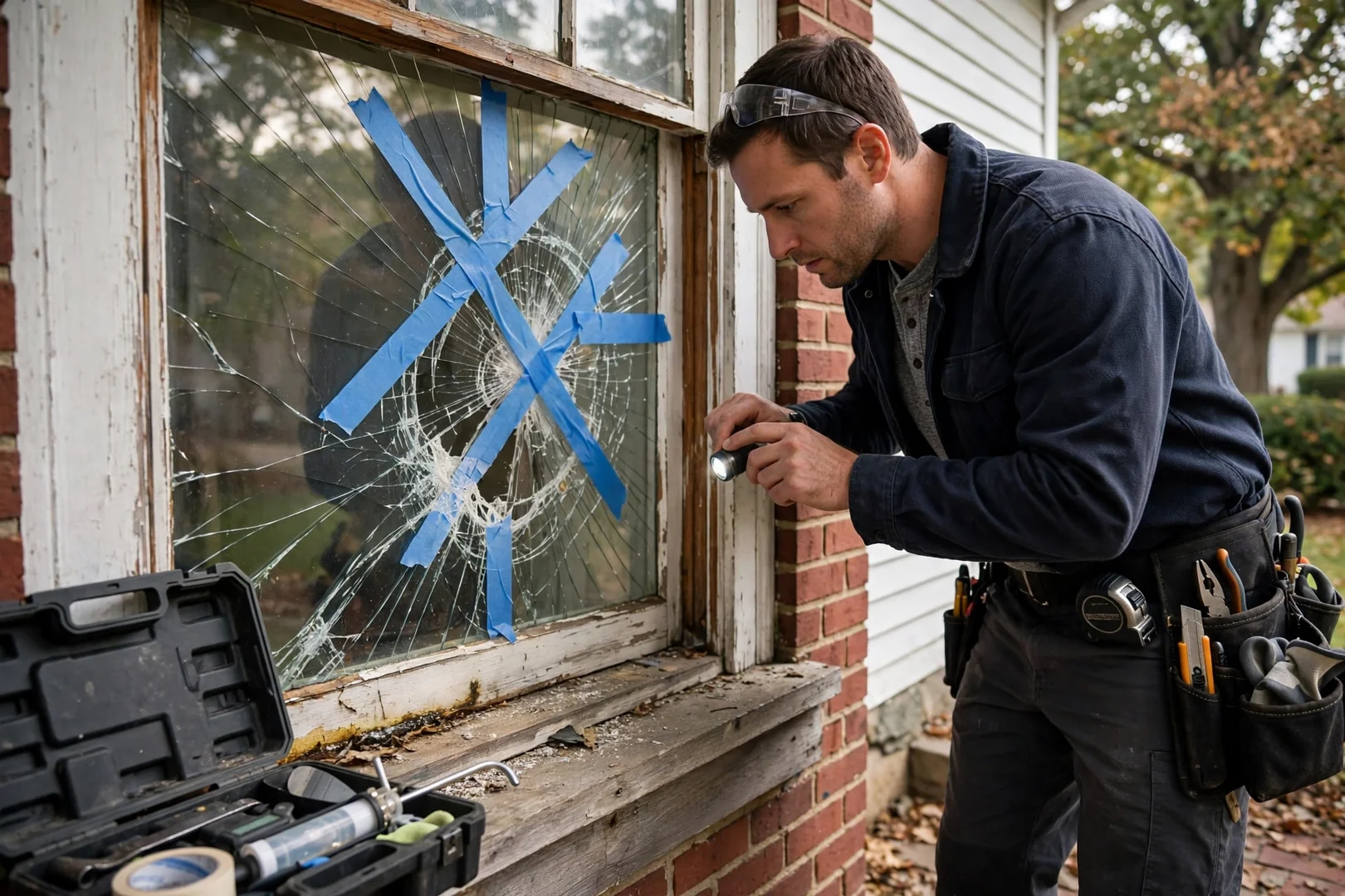 Cracked window pane with taped safety barrier before glass replacement work begins