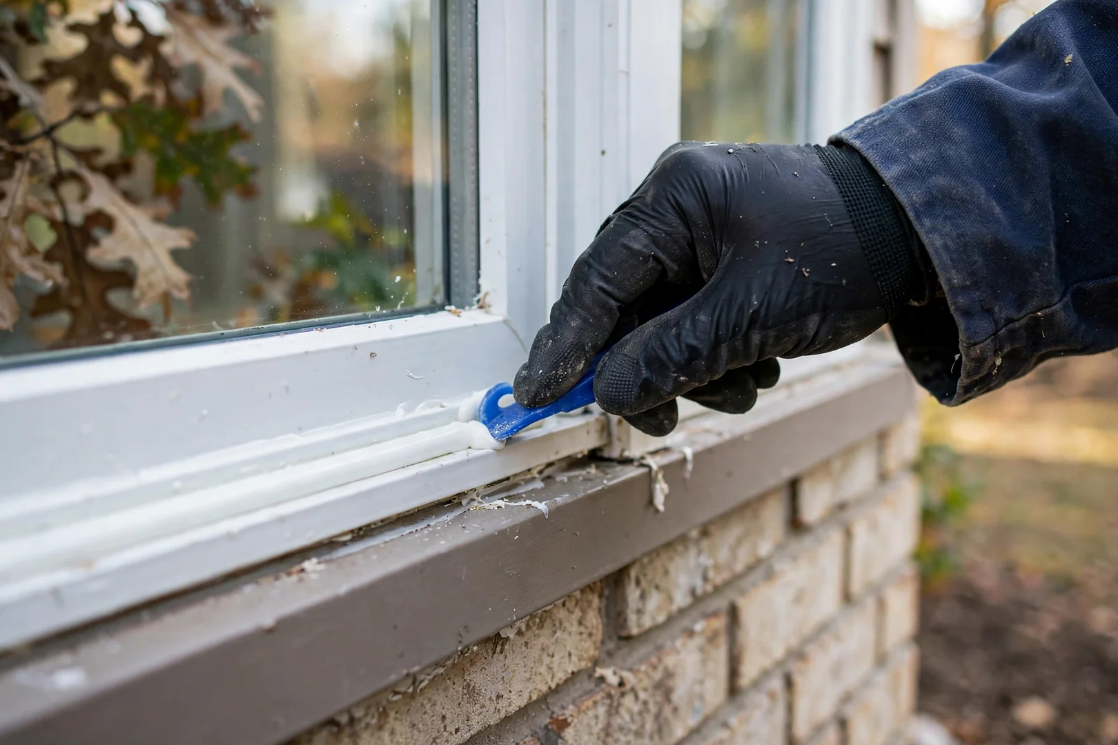 Technician applying fresh glazing sealant along the exterior perimeter of a new pane