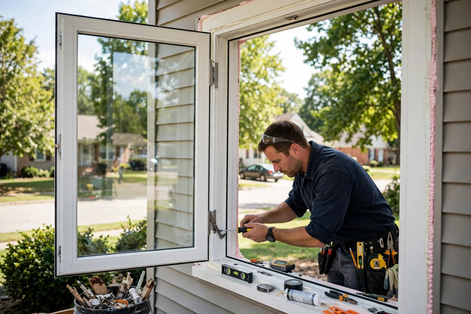 Finished casement window with clear new glass reflecting a quiet residential street