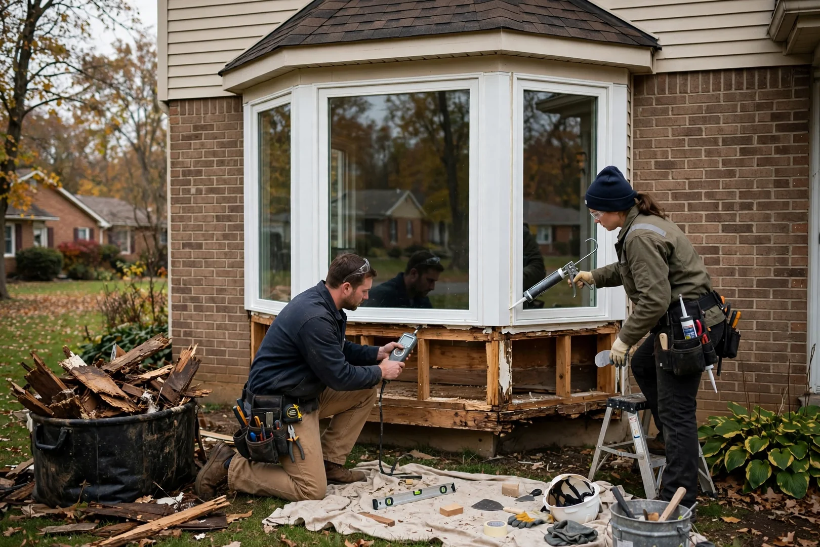 Bay window bank with newly replaced panes viewed from the front yard