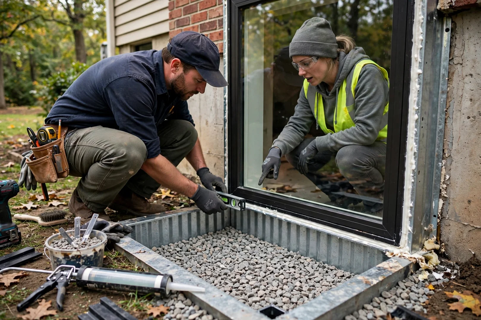 Basement egress window with fresh tempered glass and clean gravel well below