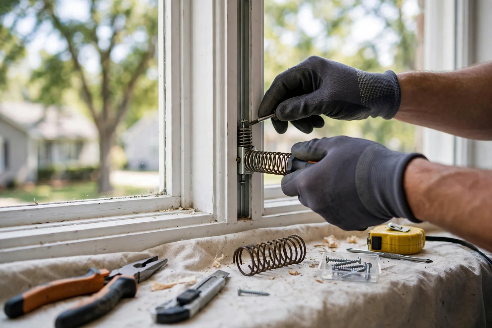 Repaired double hung window sliding smoothly after balance replacement in a local residence