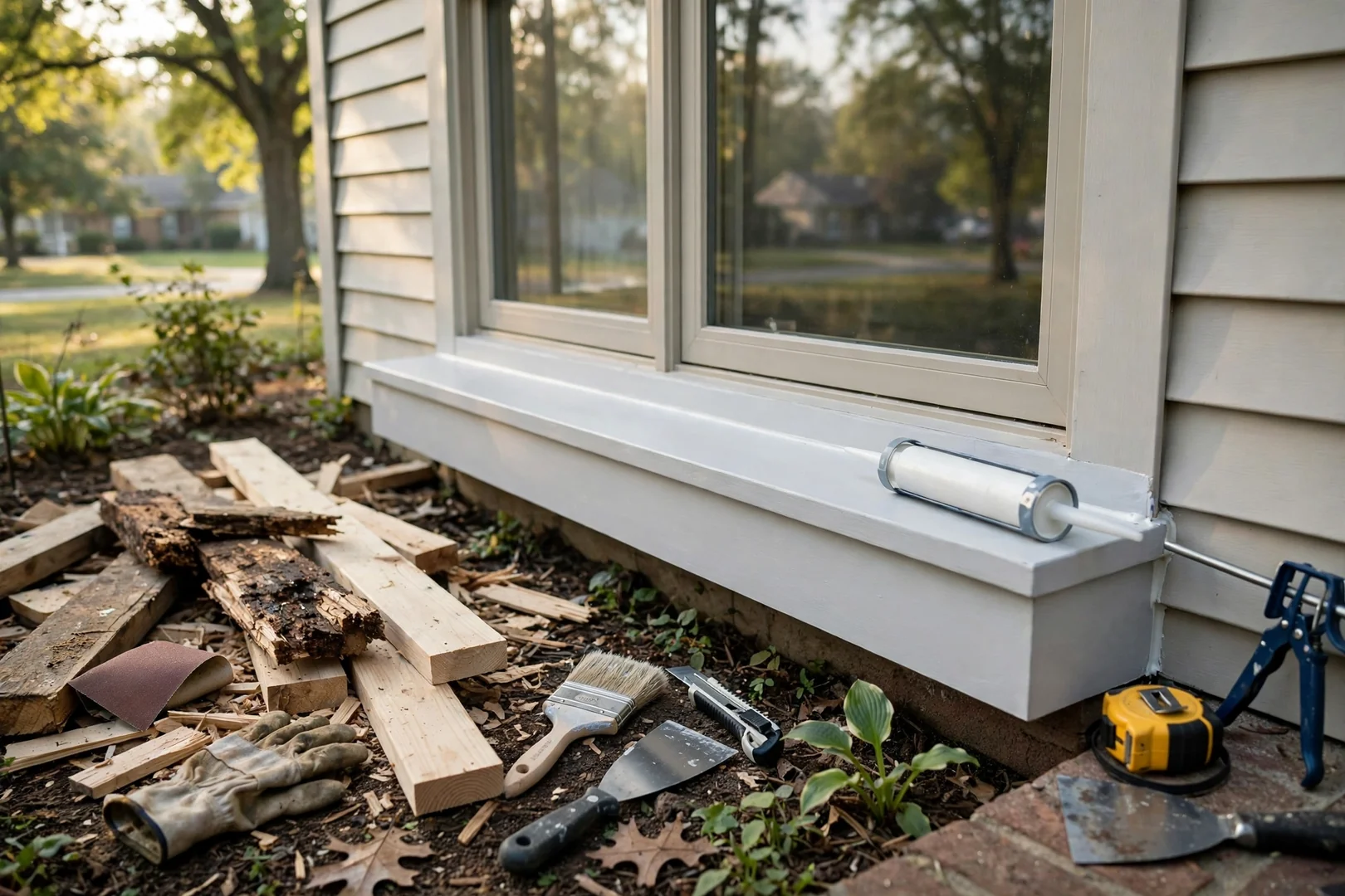 Rotted wood sill section rebuilt beneath a repaired window opening on an older property