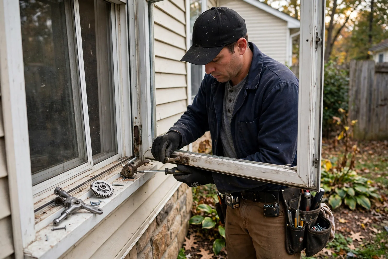 Casement crank operator replacement restoring smooth opening on a side-yard window