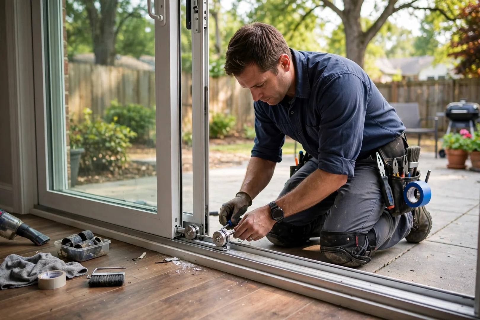 Sliding glass door rollers replaced to eliminate binding and improve door travel