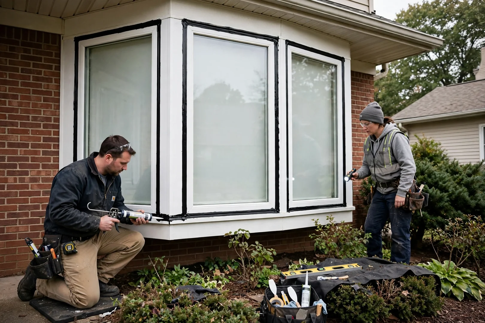 Bay window assembly reinforced and resealed after settling caused operation problems