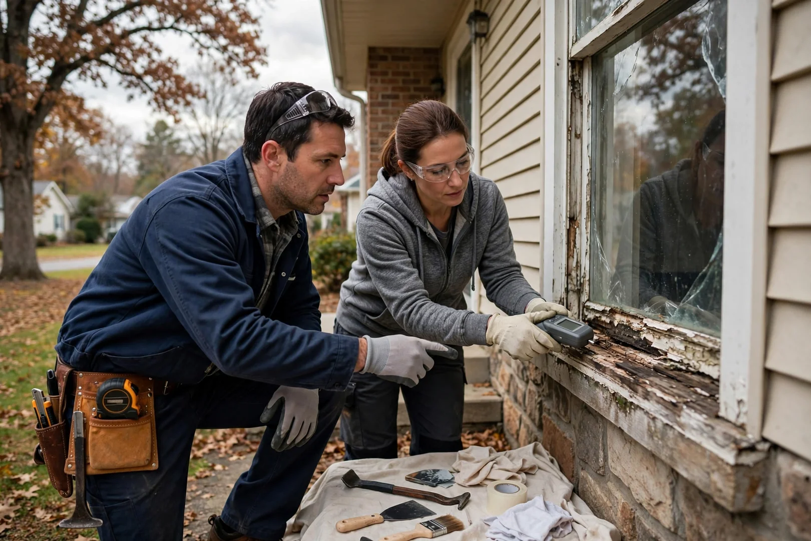 Installer sealing and trimming a replacement window frame with careful attention to detail