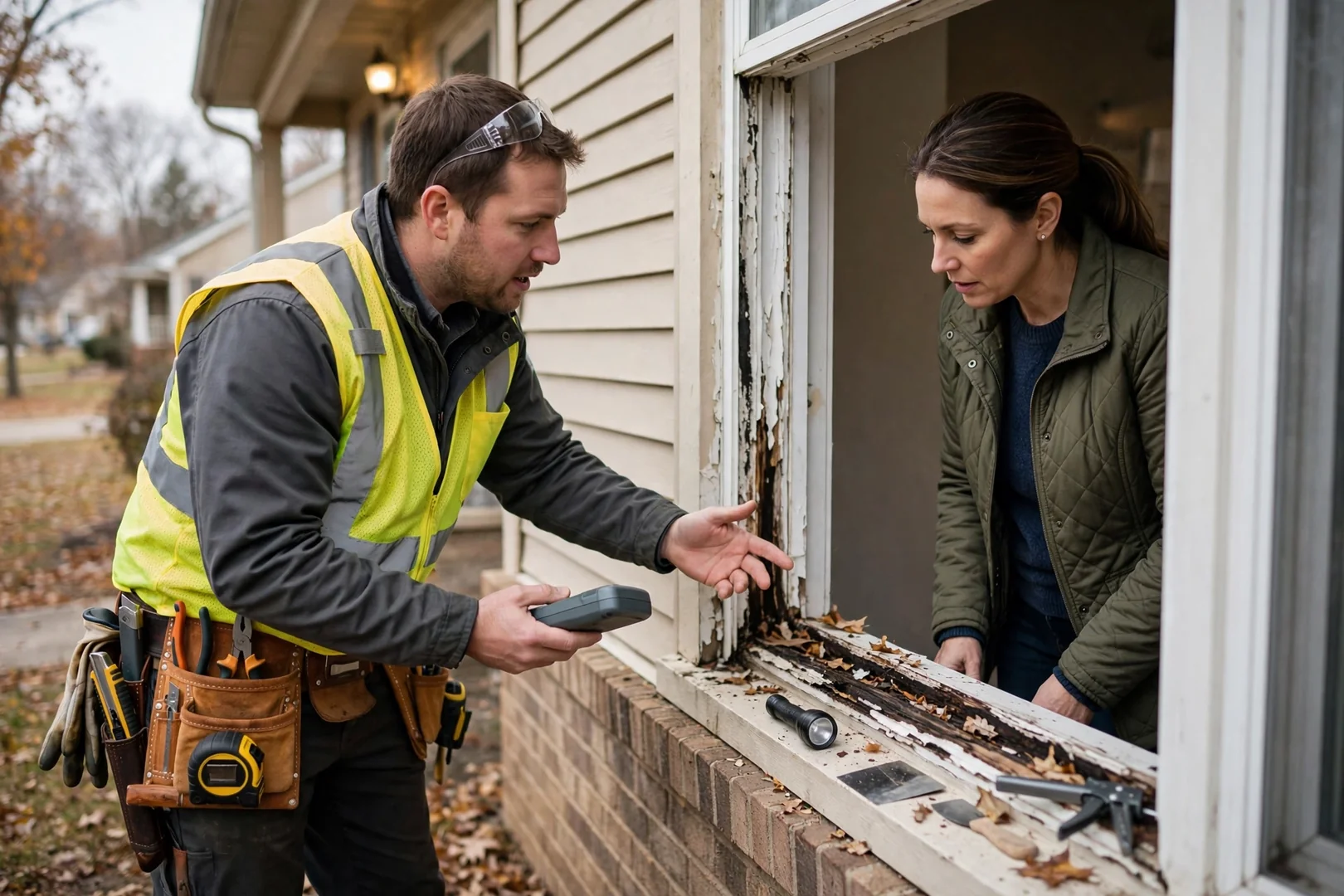 Consultant reviewing window condition and written estimate with a homeowner at a kitchen table