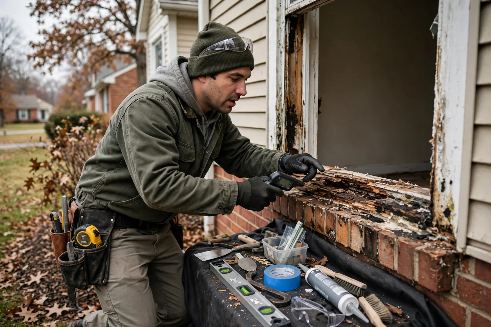 Installer measuring a double hung window opening in an O'Fallon home