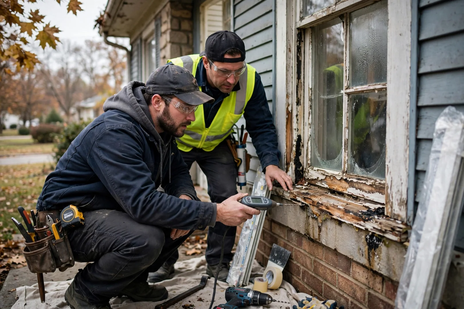 Installer measuring a double hung window opening inside an O'Fallon home