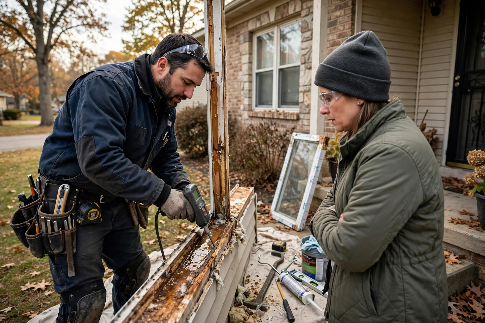 Installer checking sash operation and sealant lines during a window replacement walkthrough