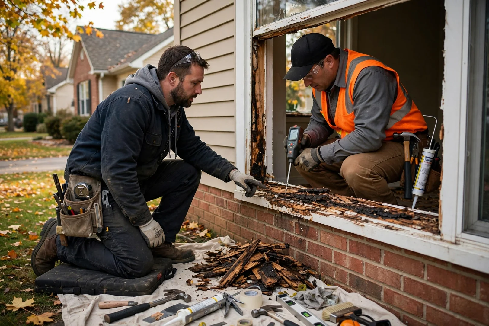 Window installation crew staging glass and tools outside an O'Fallon home