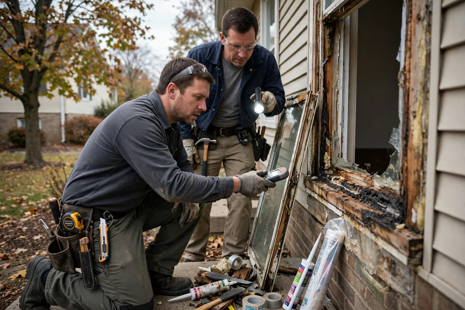 Window specialist inspecting a foggy double hung window during a homeowner consultation in O'Fallon