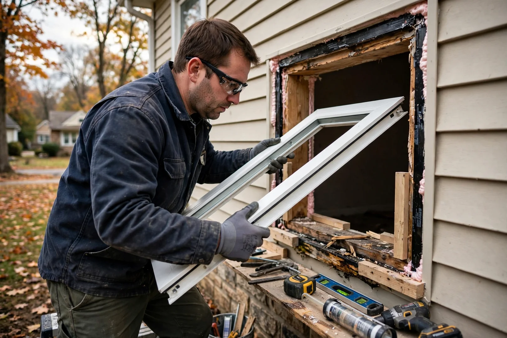 Installer wearing safety glasses and gloves setting a new window sash into a squared opening