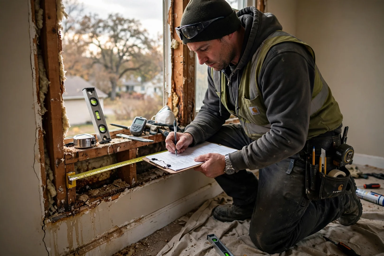 Technician recording rough opening measurements on a documented inspection checklist