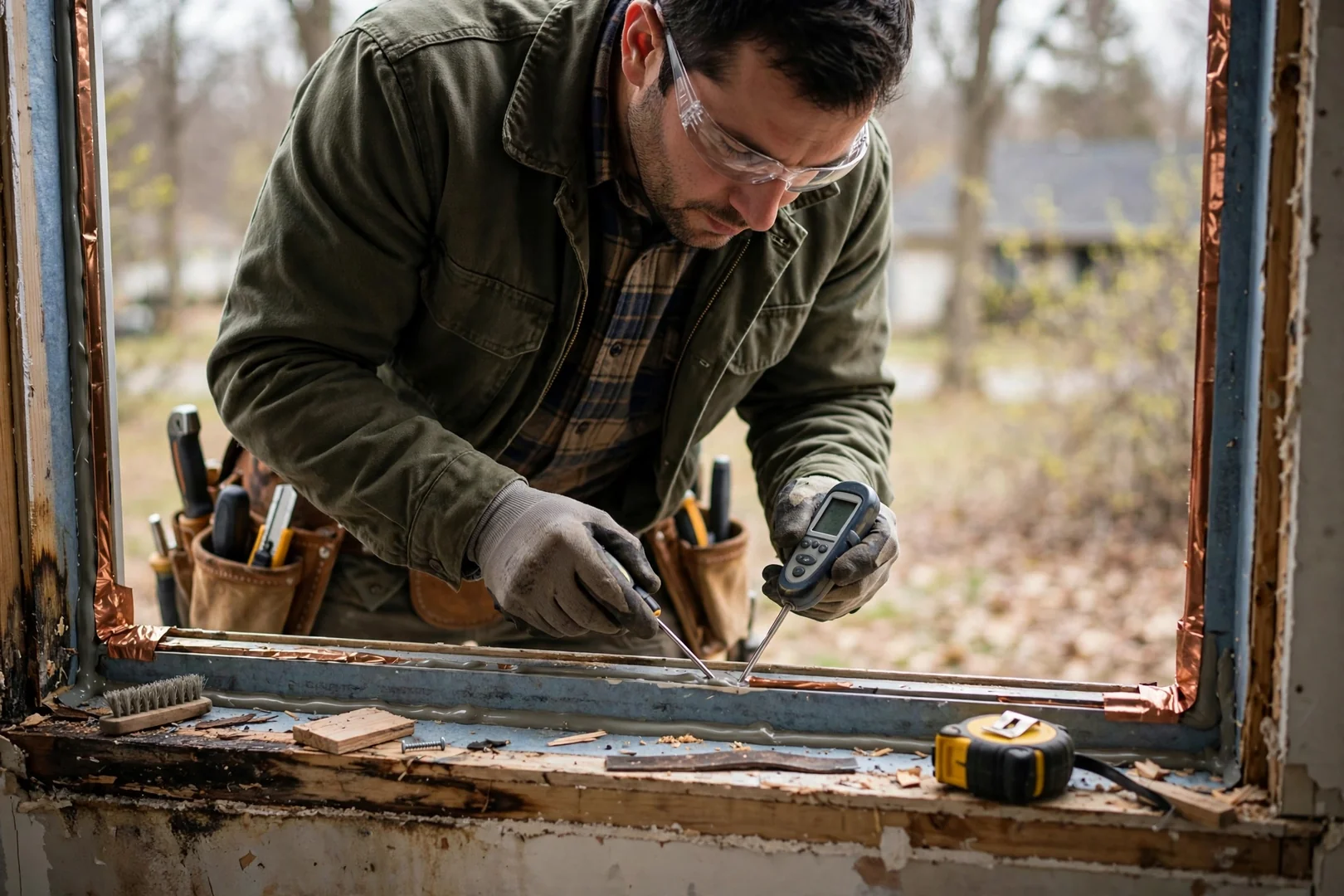 Close inspection of flashing and sill pan detail before exterior trim is fastened