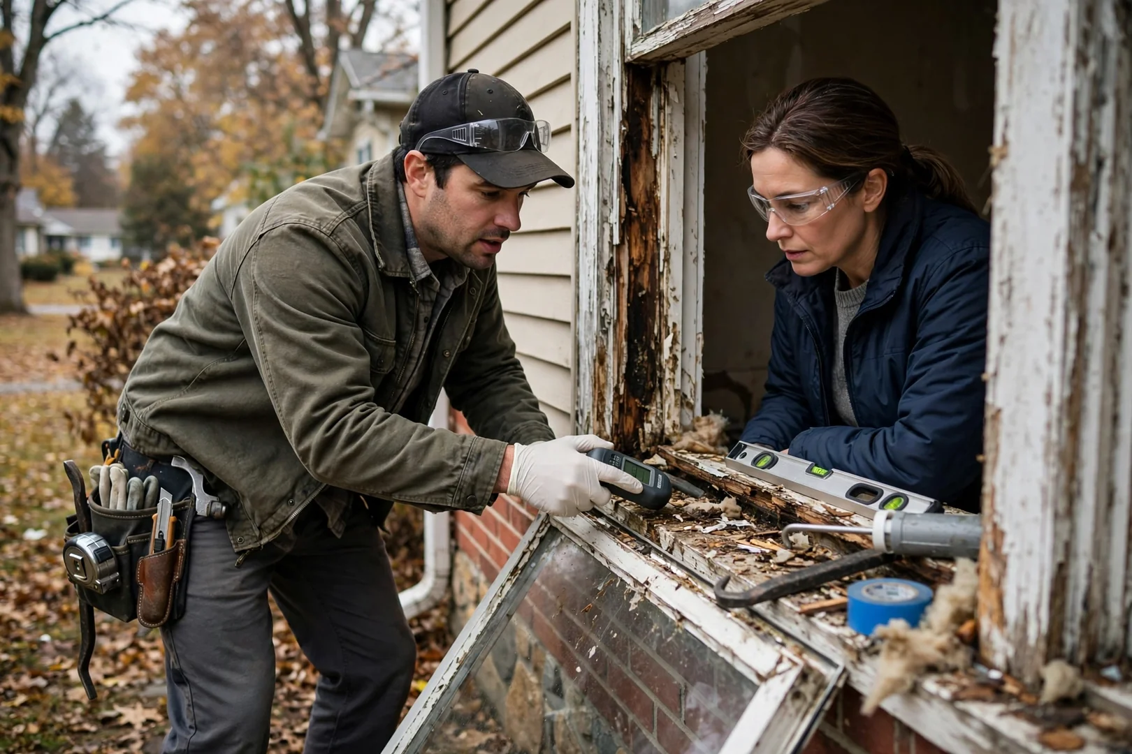 Technician checking casement window hardware and glazing seal during a home inspection